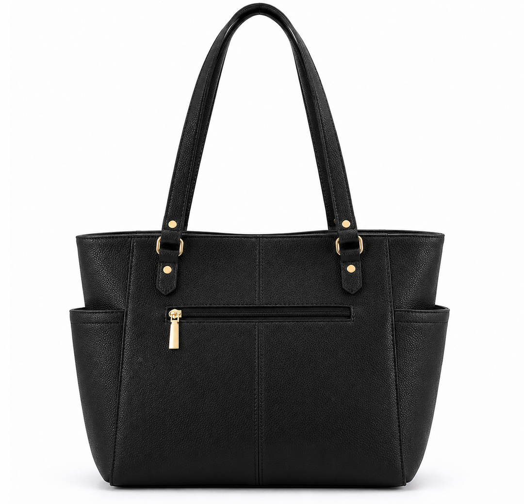 Black tote handbag, rear view #color_black