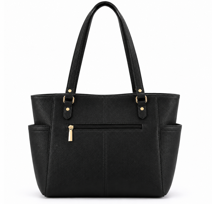 Black tote handbag, rear view #color_black